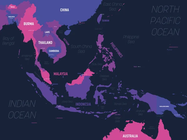 Südostasien-Karte. Hoch detaillierte politische Landkarte der südöstlichen Region mit Beschriftung von Land, Hauptstadt, Ozean und Meer — Stockvektor