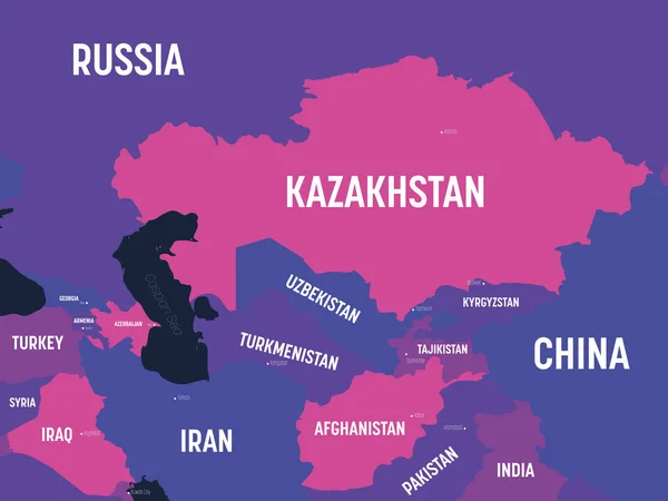 Карта Средней Азии. Высокая детальная политическая карта региона Центральной Азии с маркировкой названий стран, столиц, океанов и морей — стоковый вектор