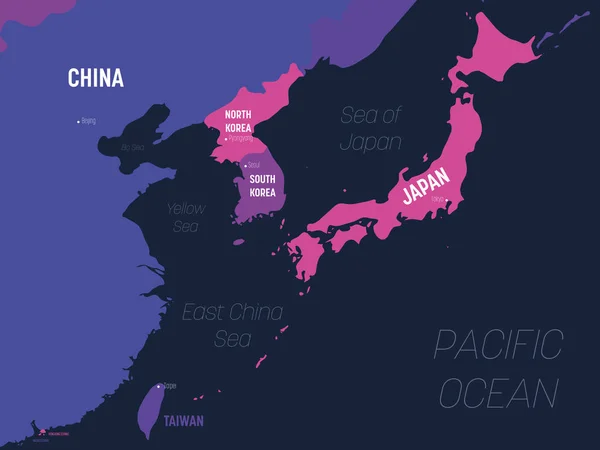 东亚地图。标明国家、首都、海洋和海洋名称的东部地区高度详细的政治地图 — 图库矢量图片