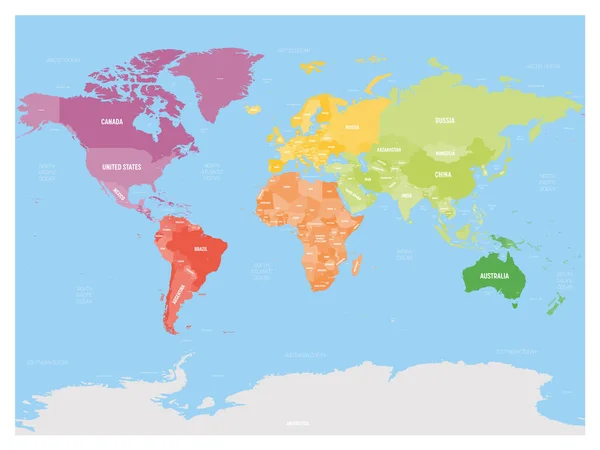 Colorido mapa político del Mundo dividido en seis continentes sobre fondo azul. Con etiquetas de países, capitales, mares y océanos. Ilustración vectorial — Vector de stock