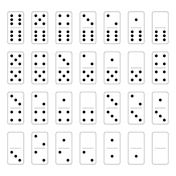 Domino uppsättning av 28 plattor. Vita bitar med svarta prickar. Enkel platt vektor illustration — Stock vektor