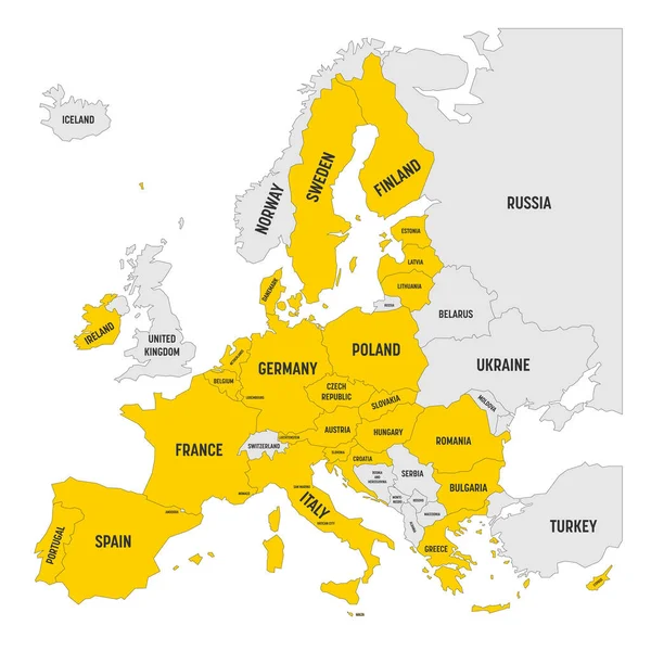 Mapa político da Europa com amarelo destacou 27 União Europeia, UE, Estados-Membros após brexit em 2020. Ilustração simples do vetor plano —  Vetores de Stock