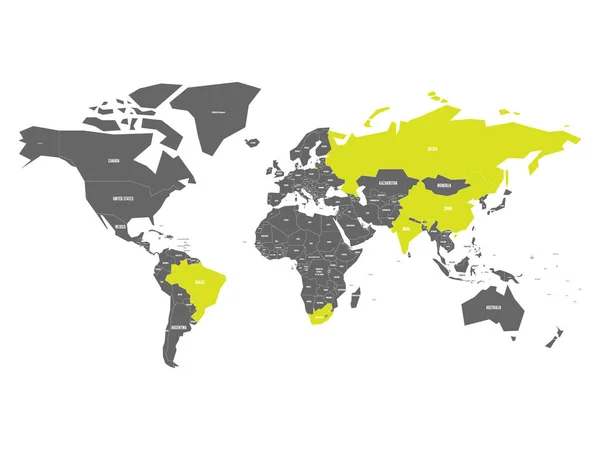 Mapa świata z uwypuklonymi krajami członkowskimi Brytyjskich - stowarzyszeniem pięciu wschodzących gospodarek narodowych - Brazylia, Rosja, Indie, Chiny i Republika Południowej Afryki — Wektor stockowy