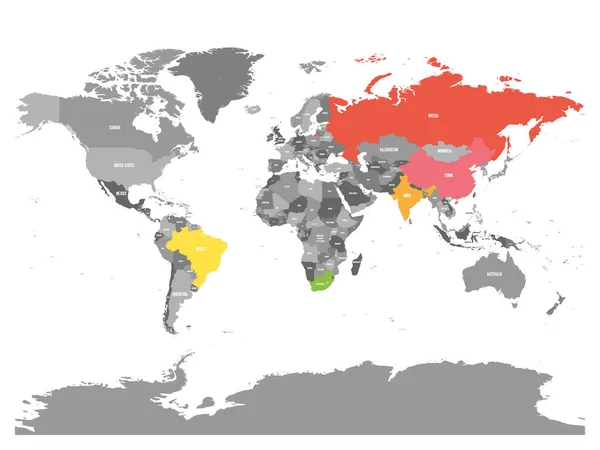 Карта мира с выделенными странами-членами БРИКС - объединение пяти крупнейших развивающихся национальных экономик - Бразилии, России, Индии, Китая и Южной Африки — стоковый вектор