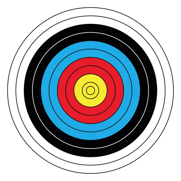 Utomhus bågskytte mål i traditionella färger - gul, röd, blå, svart och vit. Vektorillustration — Stock vektor