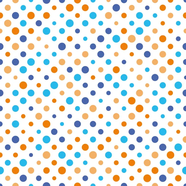Bezproblémový puntík polka. Pomerančové a modré tečky v náhodných velikostech na bílém pozadí. Vektorová ilustrace — Stockový vektor