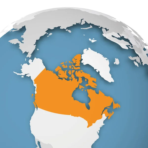 Pomarańcza Usa zaznaczona na Ziemi. Mapa świata 3D z szarą polityczną mapą krajów rzucających cienie na błękitne morza i oceany. Ilustracja wektora — Wektor stockowy