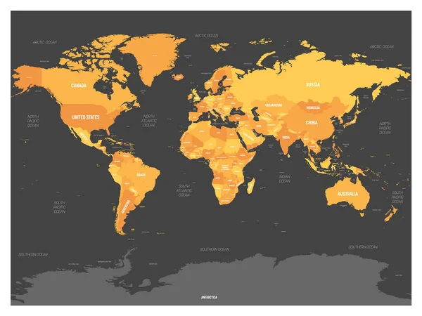 Карта світу. Висока детальна політична карта світу з маркуванням назви країни, столиці, океану та морських імен. Помаранчева карта на темному фоні — стоковий вектор