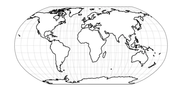 World Map in Robinson Proyección con meridianos y cuadrícula paralela. América centrada. Tierra blanca con contorno negro. Ilustración vectorial — Vector de stock