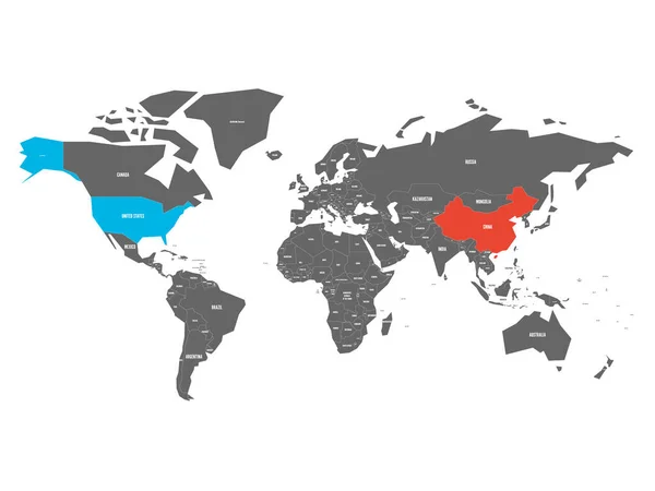 Estados Unidos e China destacaram no mapa político do mundo. Ilustração vetorial — Vetor de Stock