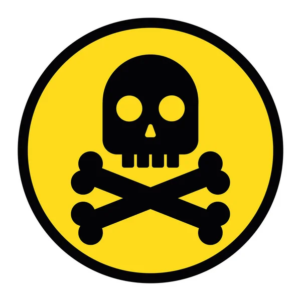 Чорний череп з схрещеними кістками у жовтому знаку кола. Символ небезпеки, смерті, отрути, ризику чи піратів. Проста піктограма плоского вектора — стоковий вектор