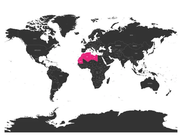 Mapa zemí Maghrebu - Severozápadní Afrika státy růžové zvýrazněné v mapě světa. Vektorová ilustrace — Stockový vektor