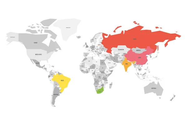 Mapa mundial con los países miembros destacados de los BRICS - asociación de cinco grandes economías nacionales emergentes - Brasil, Rusia, India, China y Sudáfrica — Vector de stock