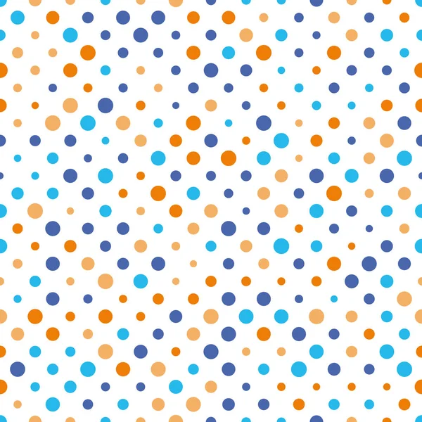 Nahtloses Tupfenmuster. Orange und blaue Punkte in zufälligen Größen auf weißem Hintergrund. Vektorillustration — Stockvektor
