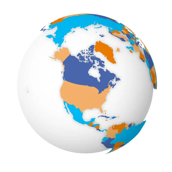 Leere politische Landkarte Nordamerikas. Erdkugel mit farbiger Landkarte. Vektorillustration — Stockvektor