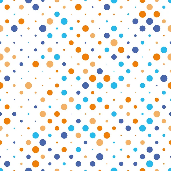 Bezproblémový puntík polka. Pomerančové a modré tečky v náhodných velikostech na bílém pozadí. Vektorová ilustrace — Stockový vektor