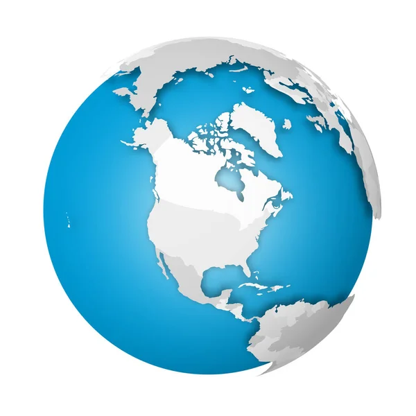 Globo terrestre. Mapa del mundo en 3D con el mapa político gris de los países que caen sombras sobre mares azules y océanos. Ilustración vectorial — Archivo Imágenes Vectoriales