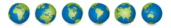 Zestaw sześciu ziemskich globusów skupionych na kontynentach Afryka, Europa, Ameryka Północna, Ameryka Południowa, Azja i Australia — Wektor stockowy