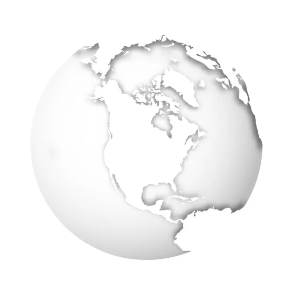 Globo terrestre. Mapa do mundo 3D com terras brancas deixando cair sombras em mares e oceanos cinzentos claros. Ilustração vetorial — Vetor de Stock