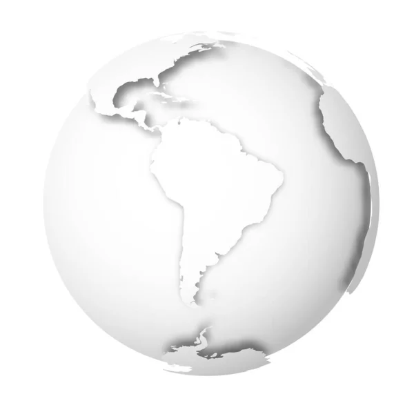 Zemský glóbus. 3D mapa světa s bílými zeměmi vrhajícími stíny na světle šedá moře a oceány. Vektorová ilustrace — Stockový vektor