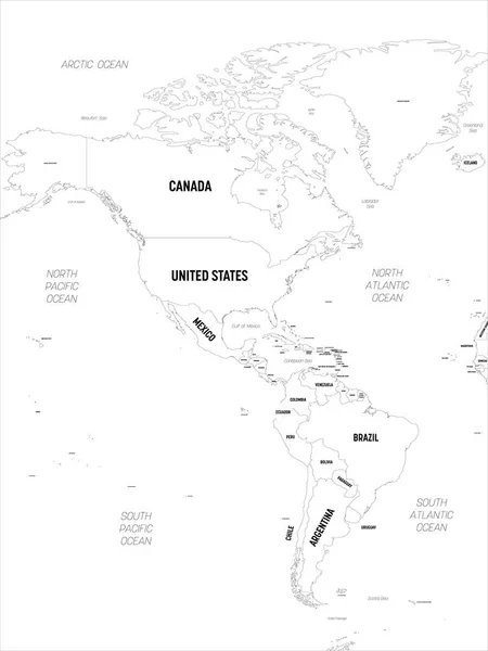 Mapa de América. Mapa político detallado de América del Norte y del Sur con nombres de países, capitales, océanos y mares etiquetados — Vector de stock