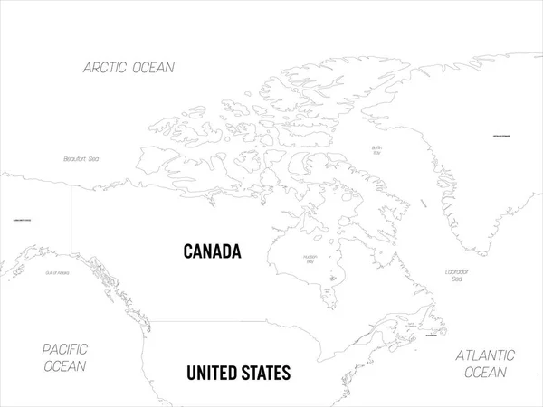 Kanada haritası. Yüksek detaylı siyasi harita Kanada ve ülke, sermaye, okyanus ve deniz isimlerinin etiketlendiği komşu ülkeler — Stok Vektör