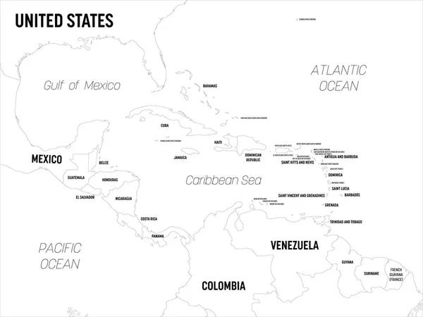 Mappa dell'America Centrale. Alta mappa politica dettagliata regione centroamericana e caraibica con paese, capitale, mare e nomi marini etichettatura — Vettoriale Stock