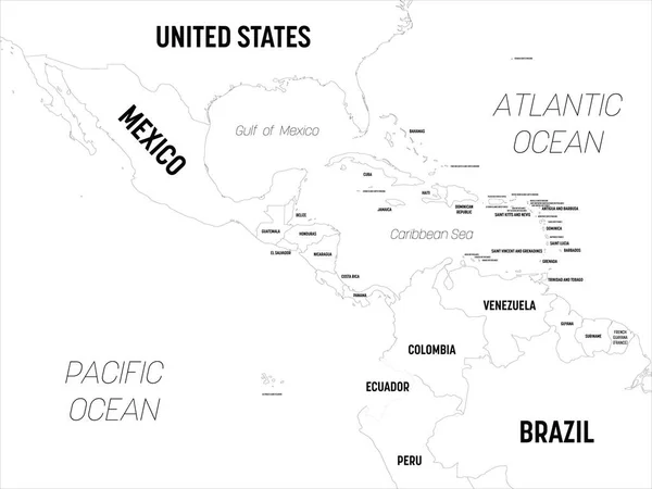 Mapa de Centroamérica. Mapa político detallado de la región de Centroamérica y el Caribe con nombres de países, capitales, océanos y mares etiquetados — Vector de stock