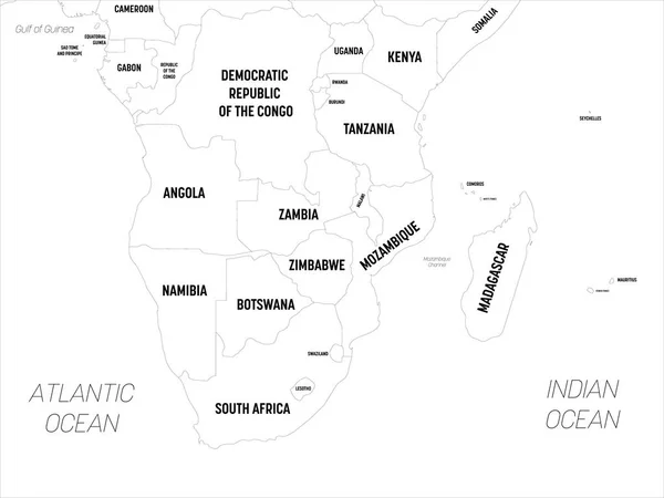 Mapa da África Austral. Mapa político detalhado da região da África Austral com nomes de países, capitais, oceanos e mares rotulados — Vetor de Stock