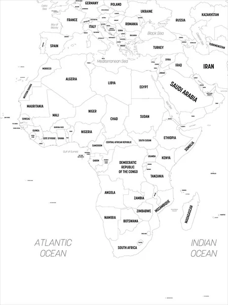 Afrikakart. Høyt detaljert politisk kart over det afritanske kontinentet med navn som angir land, hovedstad, hav og hav – stockvektor