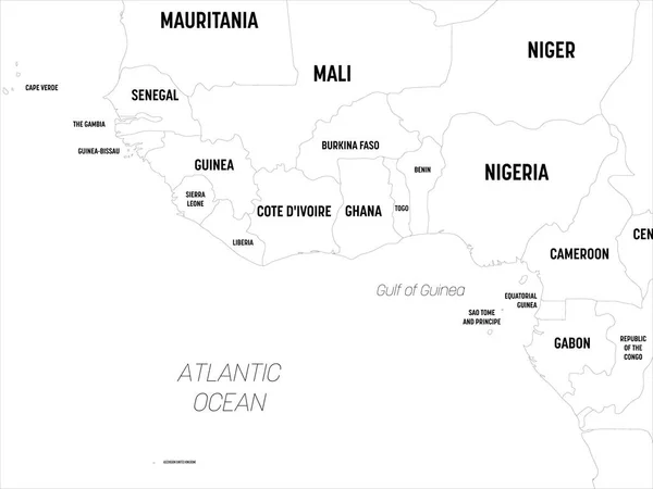 Carte d'Afrique de l'Ouest. Carte politique détaillée de l'Afrique de l'Ouest et de la région de la baie de Guinée avec l'étiquetage des noms de pays, de capitale, d'océan et de mer — Image vectorielle