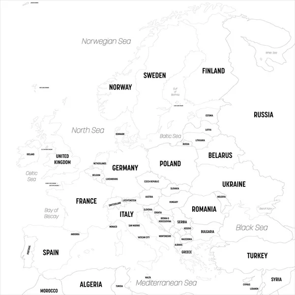 Mapa de Europa. Mapa político detallado del continente europeo con nombres de países, capitales, océanos y mares etiquetados — Vector de stock