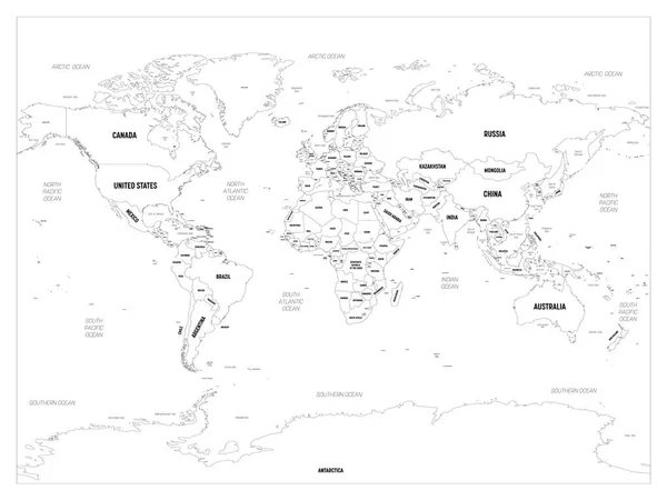 Wereldkaart. Hoge gedetailleerde politieke kaart van de wereld met land, hoofdstad, oceaan en zee namen labeling — Stockvector