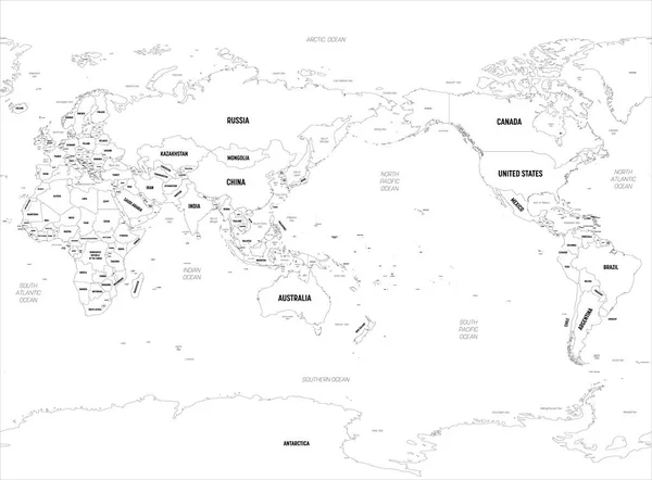 Carte du monde - Asie, Australie et Océan Pacifique centrée. Carte politique détaillée du monde avec l'étiquetage des noms de pays, de capitale, d'océan et de mer — Image vectorielle