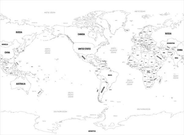 Världskarta - Amerika centrerat. Hög detaljerad politisk karta över världen med namn på land, huvudstad, hav och hav — Stock vektor