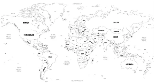 Wereldkaart. Hoge gedetailleerde politieke kaart van de wereld met land, hoofdstad, oceaan en zee namen labeling — Stockvector