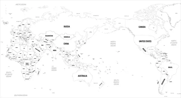 Mapa do mundo - Ásia, Austrália e Oceano Pacífico centrado. Mapa político detalhado alto do mundo com país, capital, oceano e nomes do mar rotulagem — Vetor de Stock