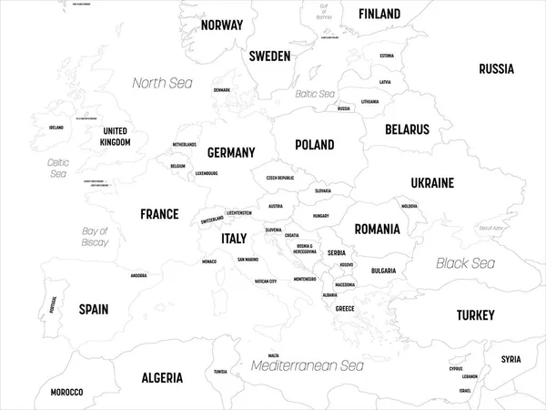 Mapa da Europa. Mapa político detalhado alto do continente europeu com país, capital, oceano e nomes do mar rotulagem — Vetor de Stock