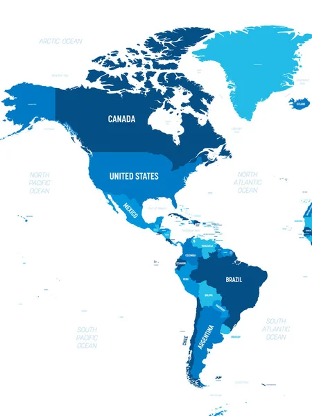 Mapa das Américas - tonalidade verde colorida sobre fundo escuro. Mapa político detalhado da América do Norte e do Sul continente com país, capital, oceano e nomes do mar rotulagem —  Vetores de Stock