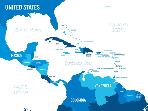 Mapa de Centroamérica - tonalidad verde sobre fondo oscuro. Mapa político detallado de la región de Centroamérica y el Caribe con nombres de países, capitales, océanos y mares etiquetados — Archivo Imágenes Vectoriales