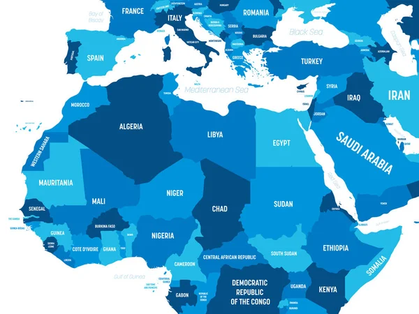 Mapa del norte de África - tonalidad verde sobre fondo oscuro. Mapa político detallado de Rgion norte de África con nombres de países, capitales, océanos y mares etiquetados — Archivo Imágenes Vectoriales