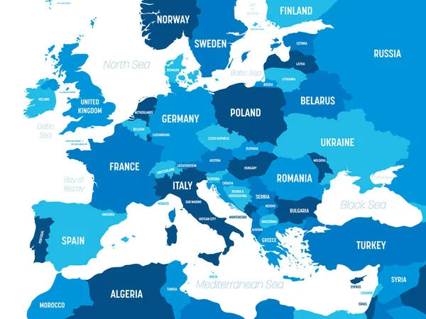 Carte d'Europe - teinte verte colorée sur fond sombre. Carte politique détaillée du continent européen avec étiquetage des noms de pays, de capitale, d'océan et de mer — Image vectorielle