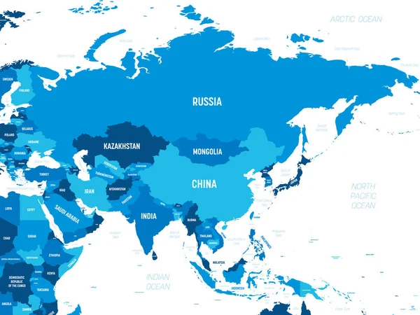 Azië - groene tint gekleurd op donkere achtergrond. Hoge gedetailleerde politieke kaart van Aziatisch continent met land, hoofdstad, oceaan en zee namen labeling — Stockvector