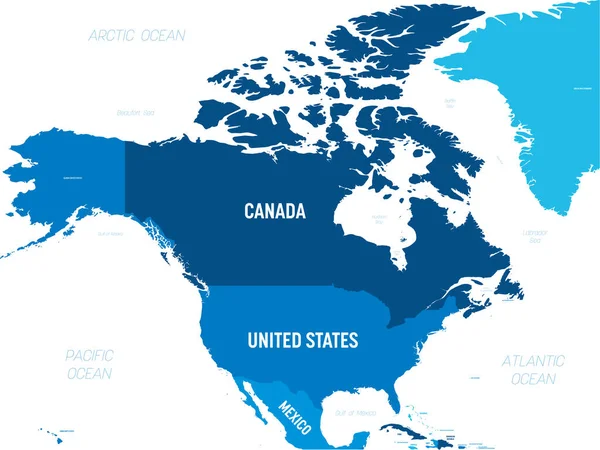 Mapa Ameryki Północnej - zielony odcień na ciemnym tle. Wysoka szczegółowa mapa polityczna kontynentu północnoamerykańskiego z oznaczeniem kraju, stolicy, oceanu i morza — Wektor stockowy