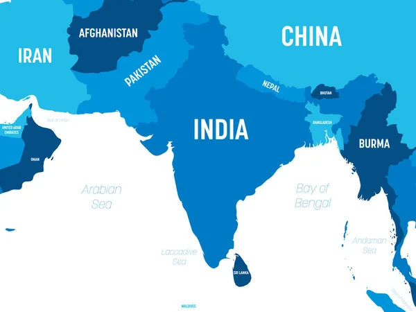 南アジア地図-濃い背景に緑の色合い。南アジア地域とインド亜大陸の詳細な政治地図国、首都、海と海の名前表示 — ストックベクタ