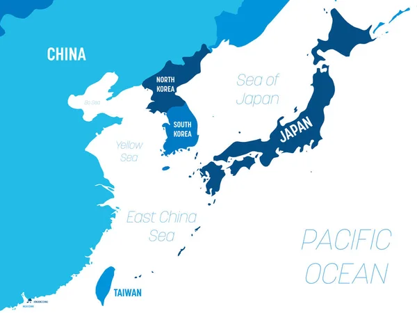 Mapa de Asia Oriental - tonalidad verde coloreada sobre fondo oscuro. Mapa político detallado de la región oriental con nombres de países, capitales, océanos y mares etiquetados — Vector de stock