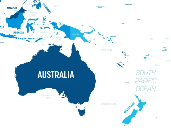 Mapa da Austrália e Oceania - tom verde colorido sobre fundo escuro. Mapa político detalhado da região australiana e pacífica com nomes de país, capital, oceano e mar rotulando —  Vetores de Stock