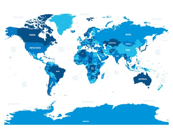 Mapa del mundo - tonalidad verde coloreada sobre fondo oscuro. Mapa político detallado de Mundo con nombres de países, capitales, océanos y mares etiquetados — Vector de stock