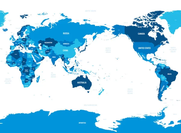 Mapa del mundo Asia, Australia y el Océano Pacífico centrado. Tonalidad verde sobre fondo oscuro. Mapa político detallado de Mundo con nombres de países, capitales, océanos y mares etiquetados — Vector de stock