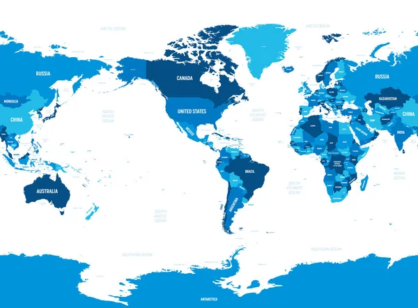 Mapa del mundo - América centrada. Tonalidad verde sobre fondo oscuro. Mapa político detallado de Mundo con nombres de países, capitales, océanos y mares etiquetados — Vector de stock